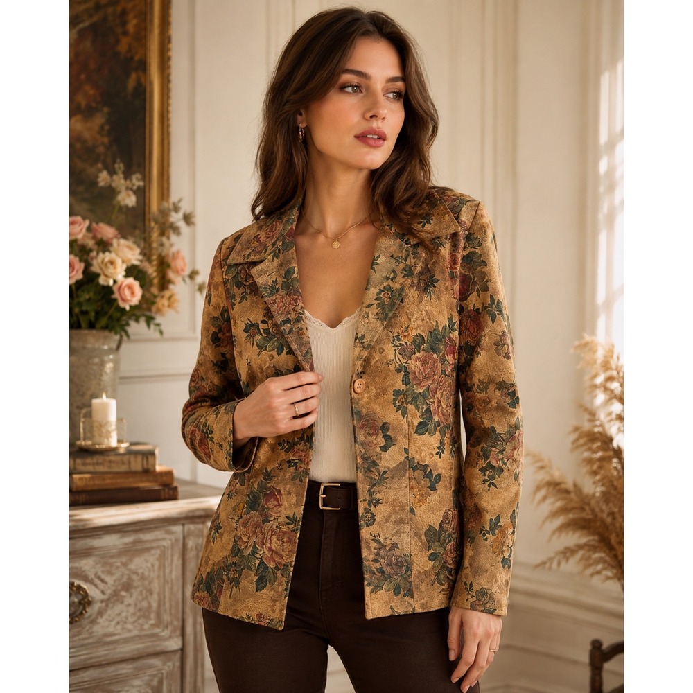 Vintage 90s Boho Casual Chic Everyday Wear Floral Leather Jacket‎ Size 4